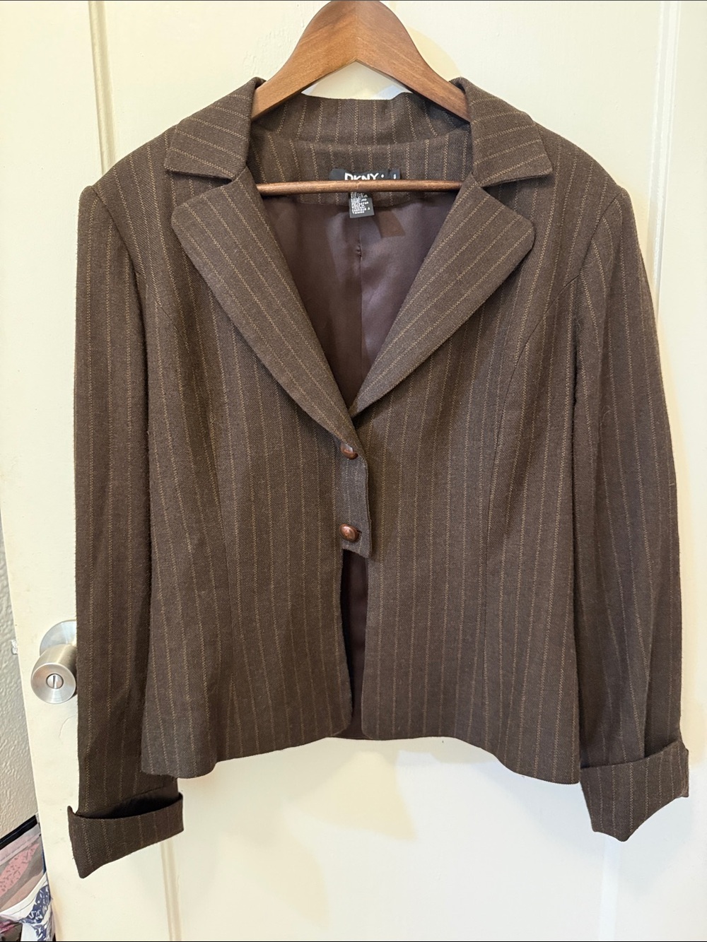 DKNY Wool Blend Brown Pinstripe Women's Blazer Jacket 90s Vintage
